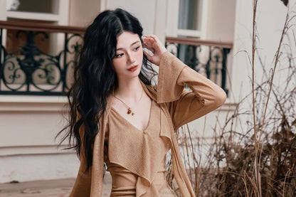 Ruffle V-Neck Long-Sleeve Solid Top & Plaid Maxi Skirt Set