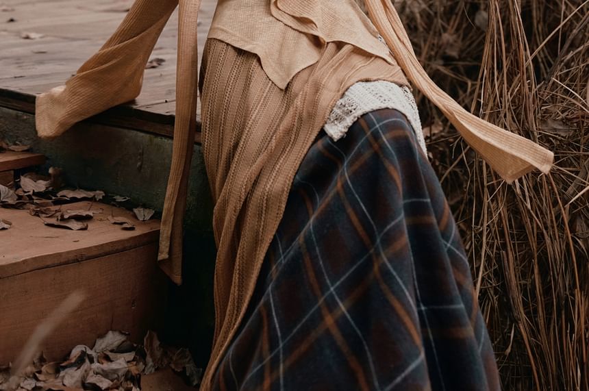 Ruffle V-Neck Long-Sleeve Solid Top & Plaid Maxi Skirt Set