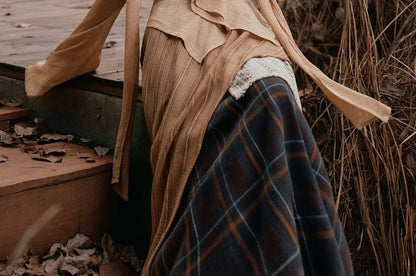 Ruffle V-Neck Long-Sleeve Solid Top & Plaid Maxi Skirt Set