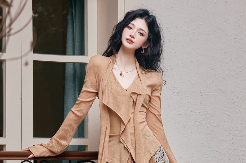 Ruffle V-Neck Long-Sleeve Solid Top & Plaid Maxi Skirt Set
