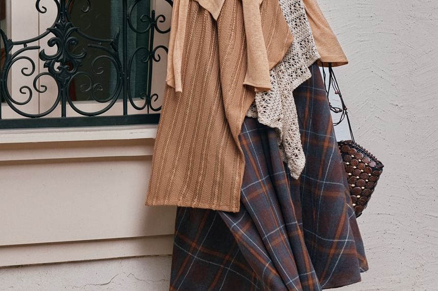 Ruffle V-Neck Long-Sleeve Solid Top & Plaid Maxi Skirt Set