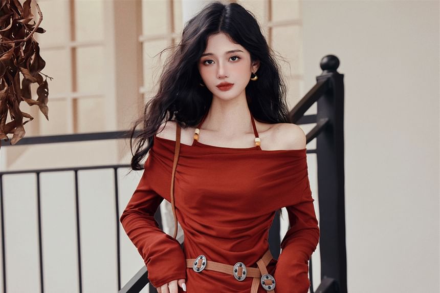 Halter Long-Sleeve Solid Top & Plaid Maxi A-Line Skirt Set