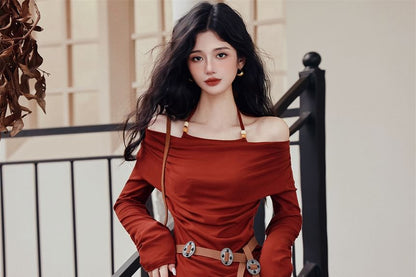 Halter Long-Sleeve Solid Top & Plaid Maxi A-Line Skirt Set