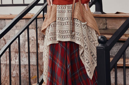 Halter Long-Sleeve Solid Top & Plaid Maxi A-Line Skirt Set