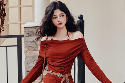 Halter Long-Sleeve Solid Top & Plaid Maxi A-Line Skirt Set