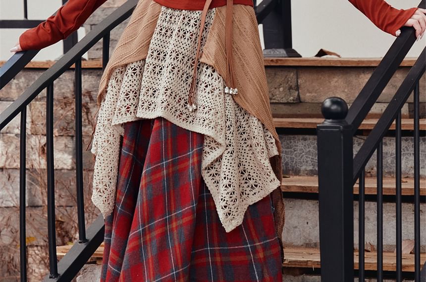 Halter Long-Sleeve Solid Top & Plaid Maxi A-Line Skirt Set