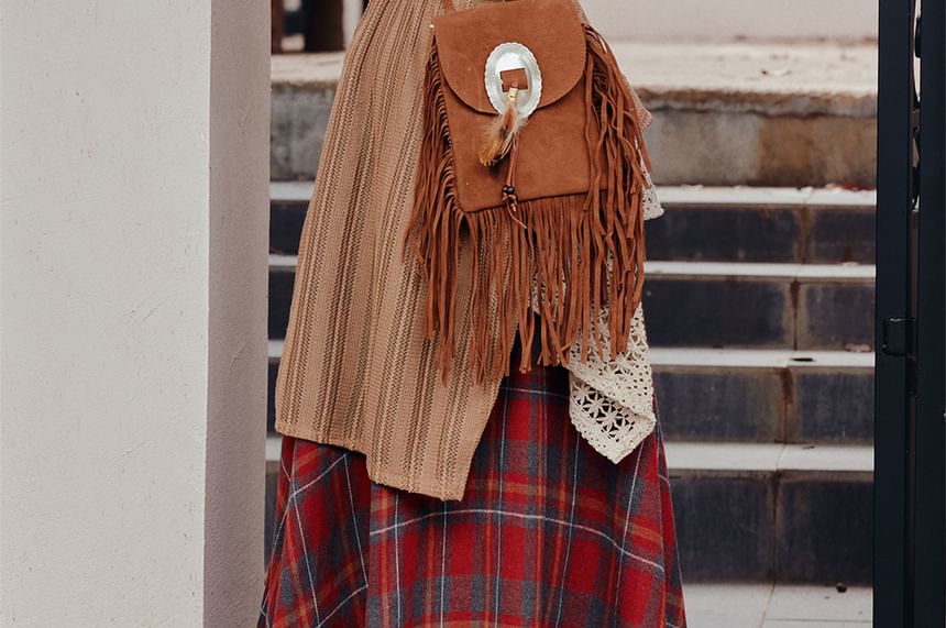 Halter Long-Sleeve Solid Top & Plaid Maxi A-Line Skirt Set