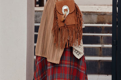 Halter Long-Sleeve Solid Top & Plaid Maxi A-Line Skirt Set