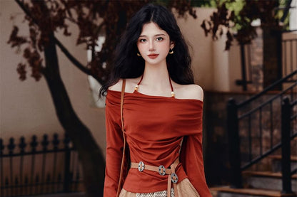 Halter Long-Sleeve Solid Top & Plaid Maxi A-Line Skirt Set