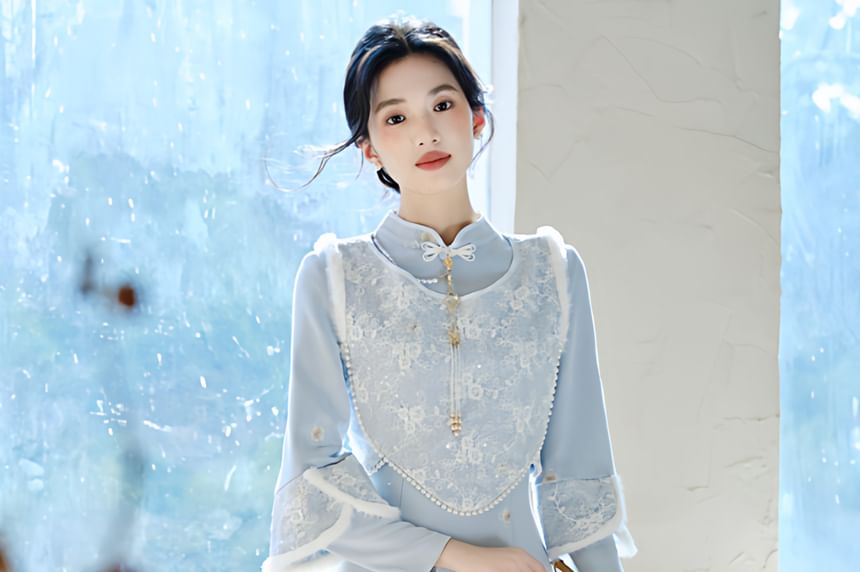 Stand-Collar Long-Sleeve Solid Maxi Sheath Dress Set