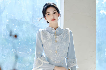 Stand-Collar Long-Sleeve Solid Maxi Sheath Dress Set