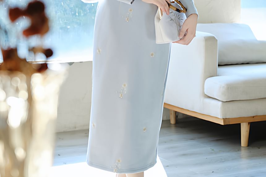 Stand-Collar Long-Sleeve Solid Maxi Sheath Dress Set
