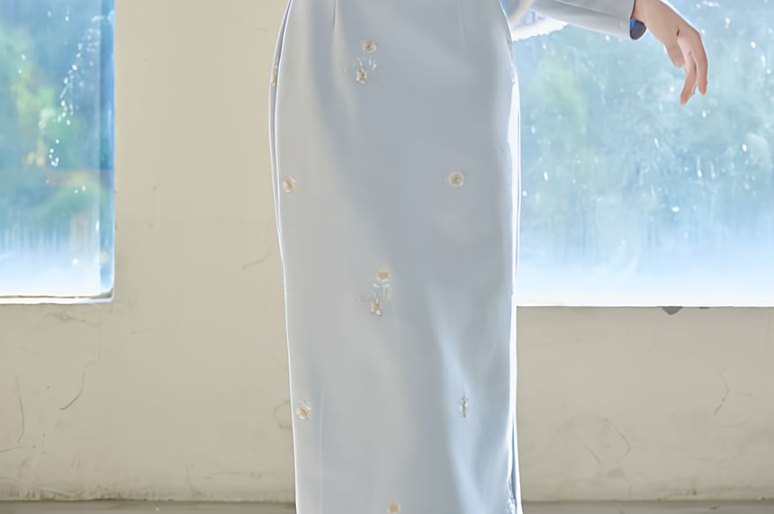 Stand-Collar Long-Sleeve Solid Maxi Sheath Dress Set