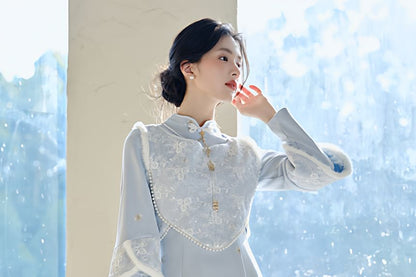 Stand-Collar Long-Sleeve Solid Maxi Sheath Dress Set