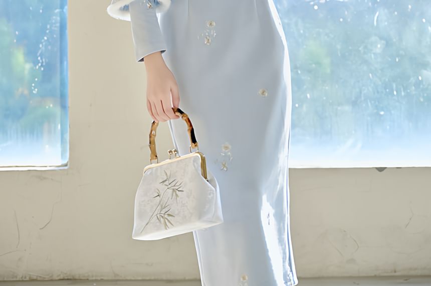Stand-Collar Long-Sleeve Solid Maxi Sheath Dress Set