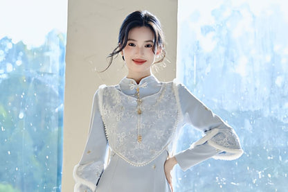 Stand-Collar Long-Sleeve Solid Maxi Sheath Dress Set