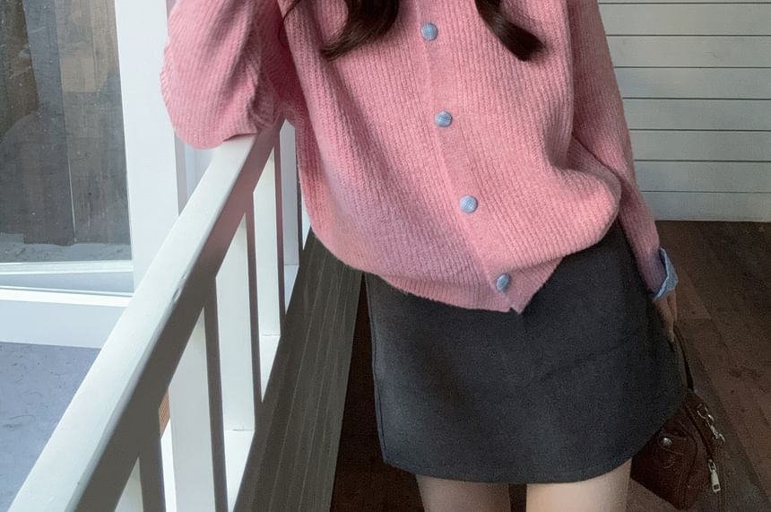 Turtleneck Button-Up Plain Cardigan