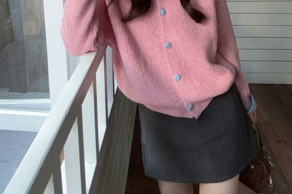 Turtleneck Button-Up Plain Cardigan