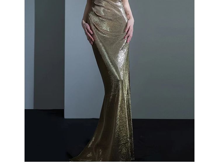 Back Evening Cowl Mermaid Gown Open Neck Sleeveless Sequin