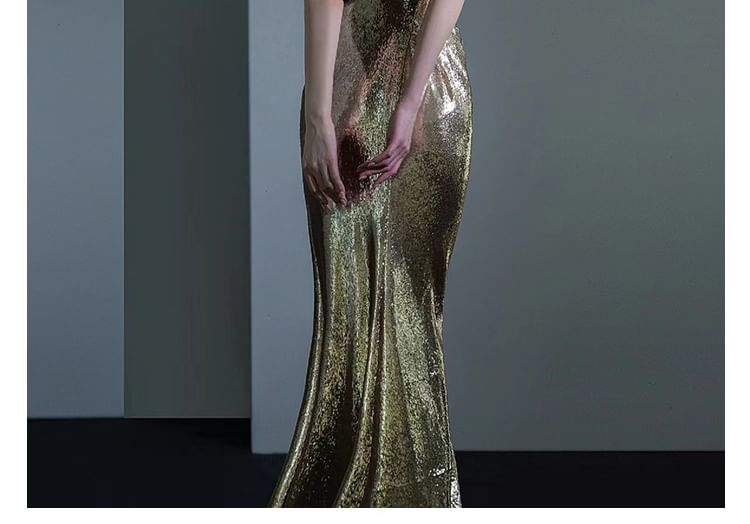 Sleeveless Cowl Neck Open Back Sequin Mermaid Evening Gown