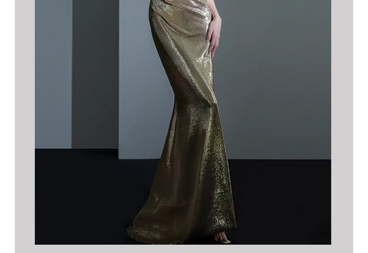 Sleeveless Cowl Neck Open Back Sequin Mermaid Evening Gown