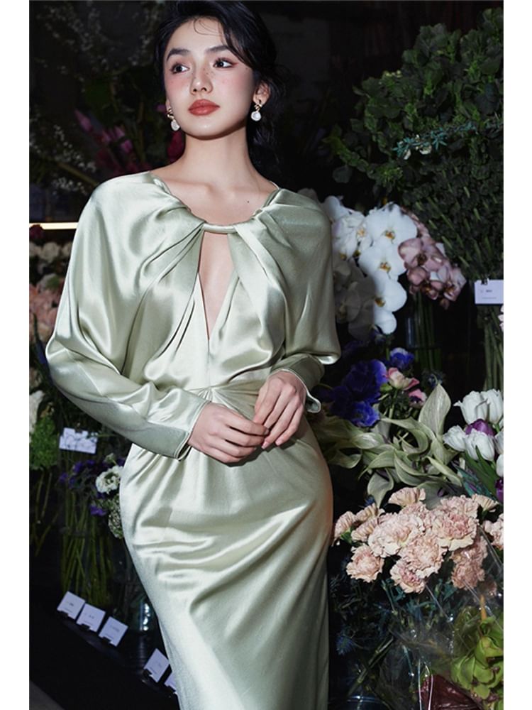 Plain Cutout Long-Sleeve Sheath Gown Evening