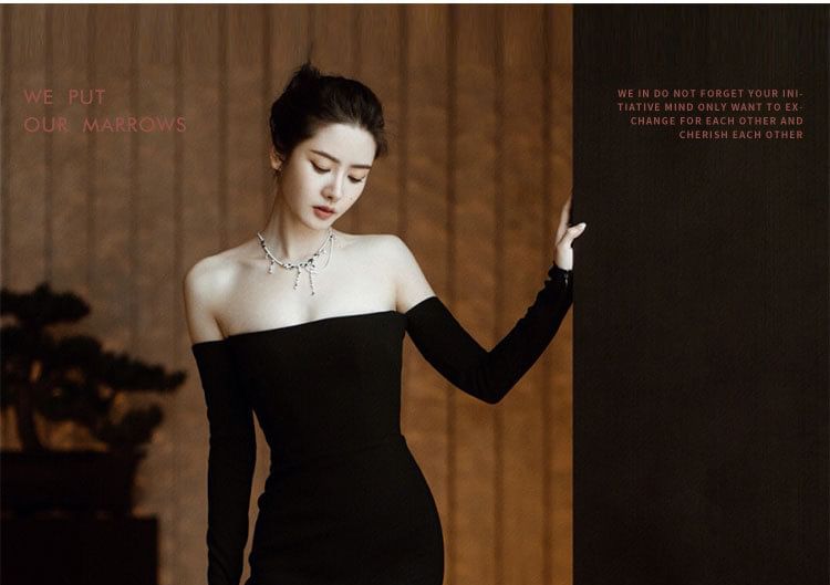 Long-Sleeve Off-Shoulder Plain Sheath Evening Gown