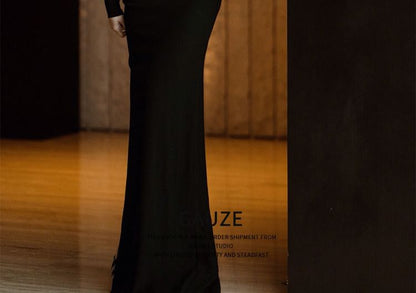 Long-Sleeve Off-Shoulder Plain Sheath Evening Gown