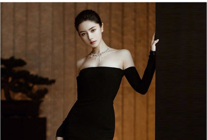 Gown Evening Off-Shoulder Long-Sleeve Plain Sheath