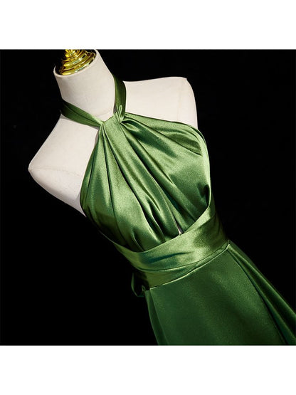 Sleeveless Plain Halter Evening Slit Gown A-Line