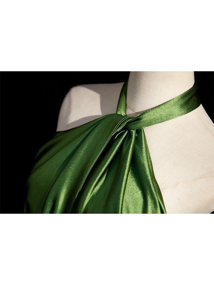 Sleeveless Plain Halter Evening Slit Gown A-Line