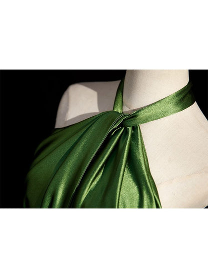 Sleeveless Plain Halter Evening Slit Gown A-Line