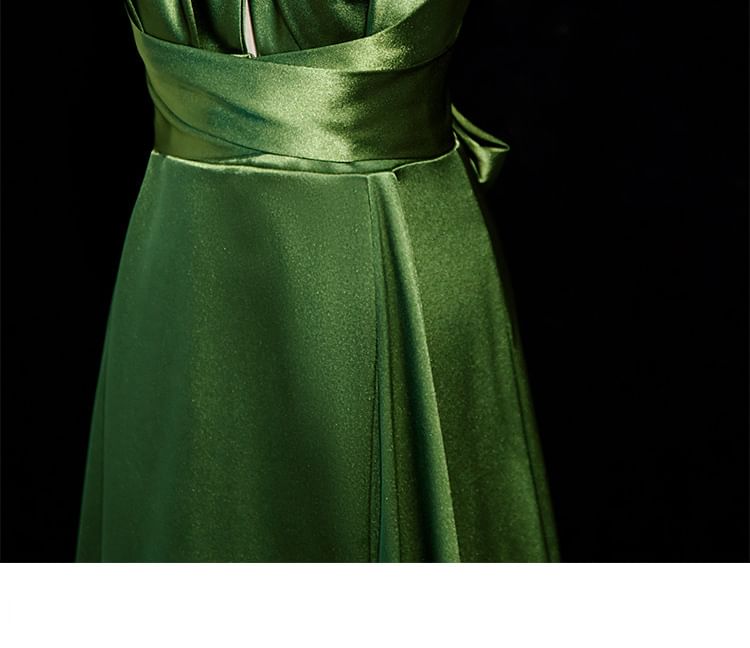 Sleeveless Plain Halter Evening Slit Gown A-Line