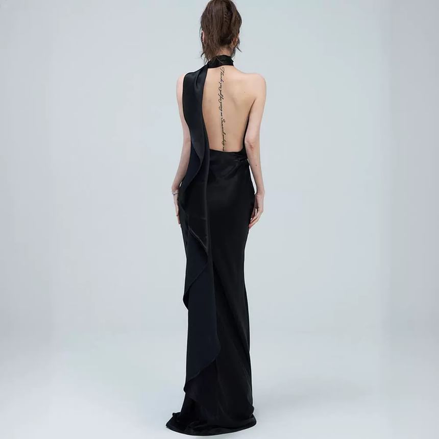 Halter Plain Open Back Sheath Evening Gown