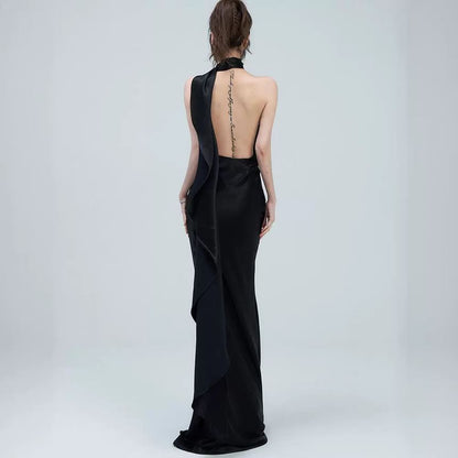 Halter Plain Open Back Sheath Evening Gown