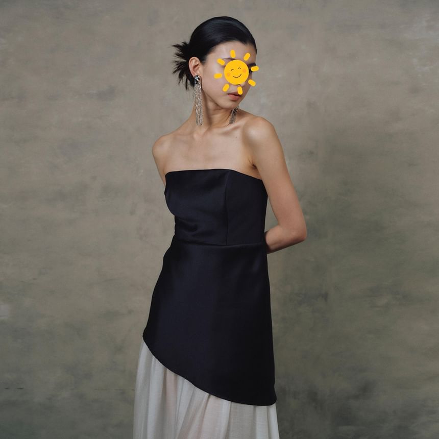 Strapless Two Tone Panel A-Line Evening Gown