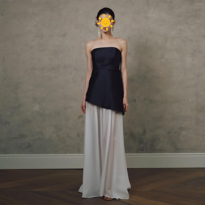 Strapless Two Tone Panel A-Line Evening Gown