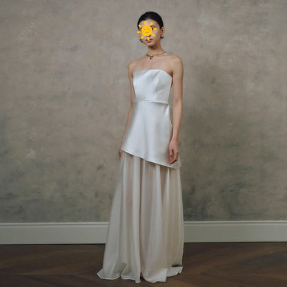 Strapless Two Tone Panel A-Line Evening Gown