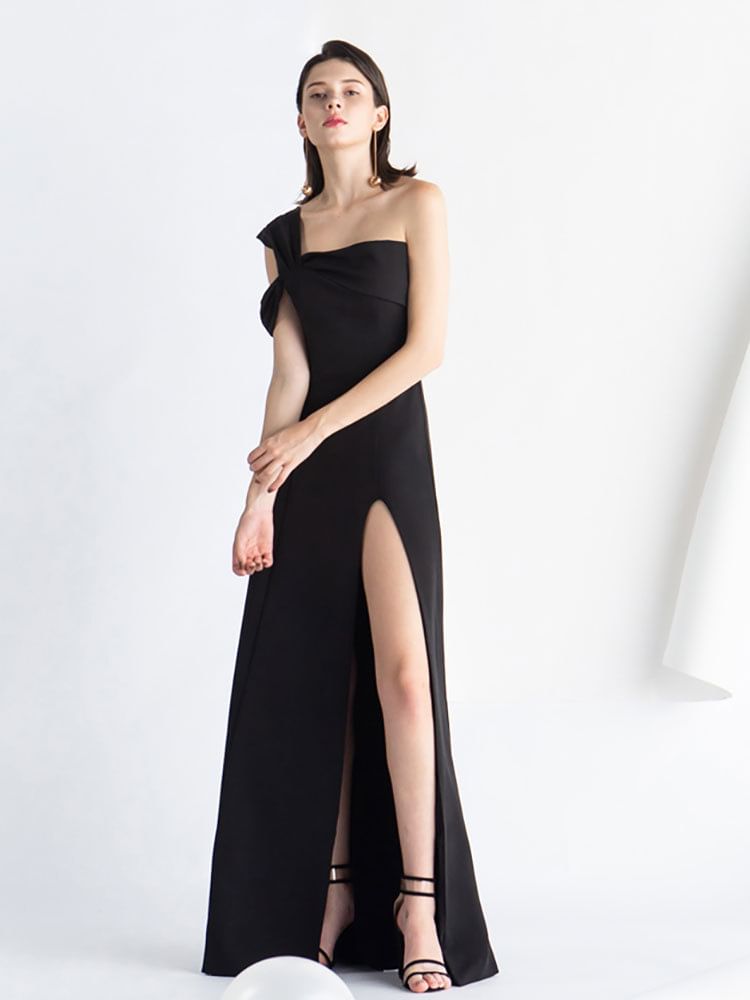 Sleeveless One-Shoulder Plain Slit A-Line Evening Gown