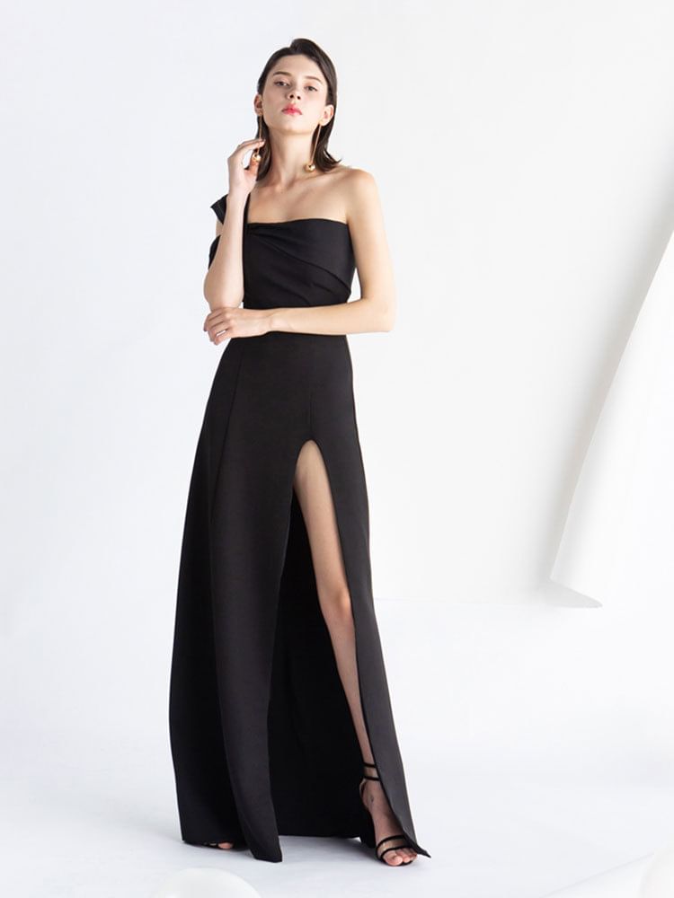 Sleeveless One-Shoulder Plain Slit A-Line Evening Gown