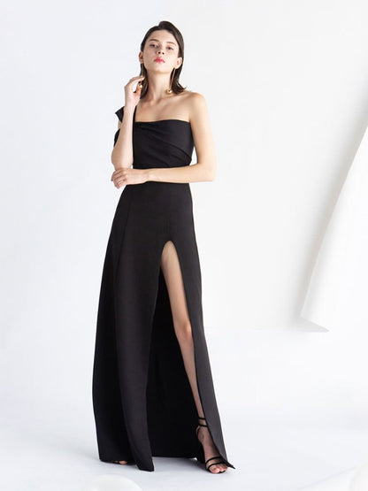 Sleeveless One-Shoulder Plain Slit A-Line Evening Gown