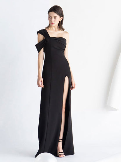 Sleeveless One-Shoulder Plain Slit A-Line Evening Gown
