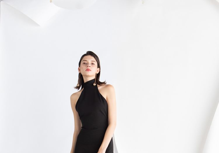 Halter Plain Slit Maxi A-Line Evening Dress