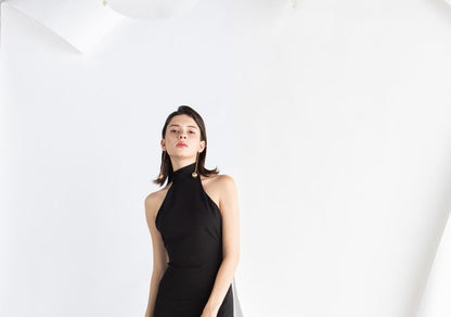 Halter Plain Slit Maxi A-Line Evening Dress