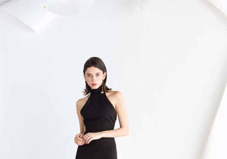 Halter Plain Slit Maxi A-Line Evening Dress