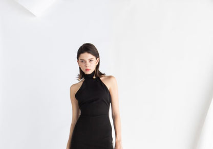 Halter Plain Slit Maxi A-Line Evening Dress
