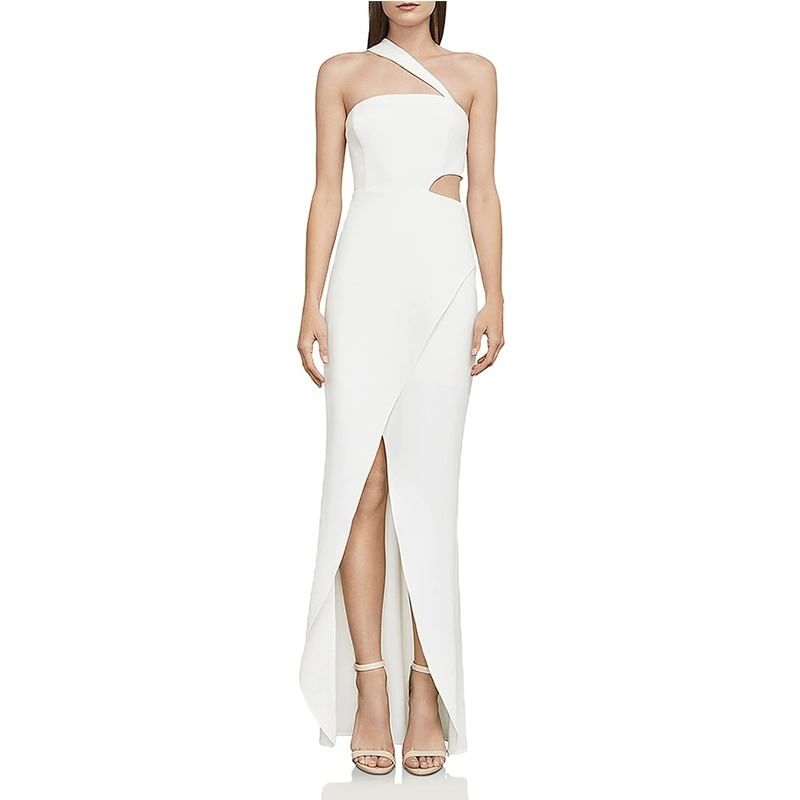 Gown Plain Cutout One-Shoulder Evening Spaghetti Slit Strap Sheath