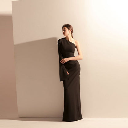 Long-Sleeve One-Shoulder Plain Sheath Evening Gown