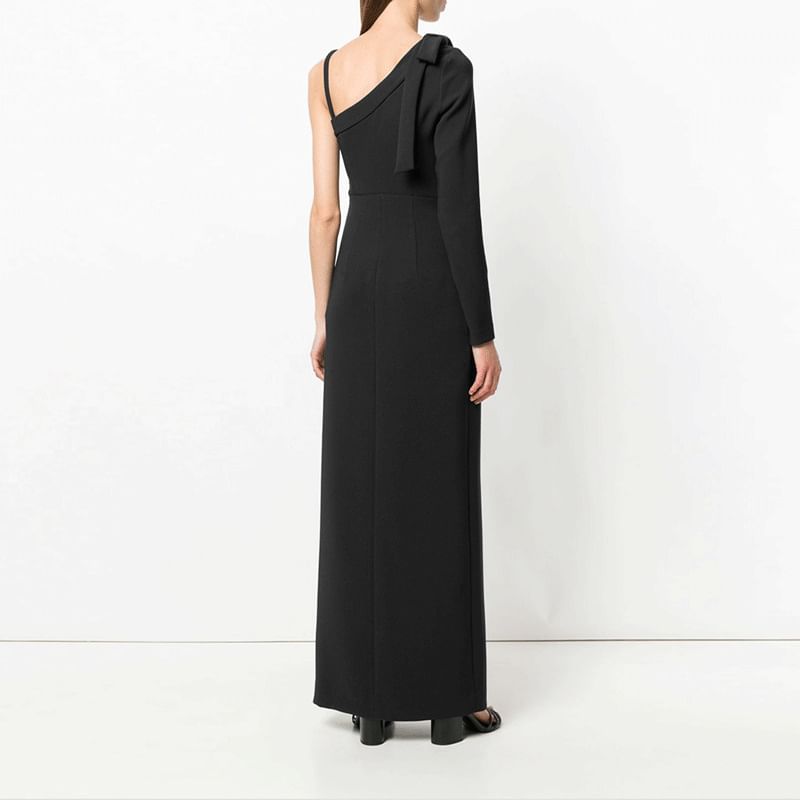 Long-Sleeve One-Shoulder Plain Maxi Sheath Evening Dress