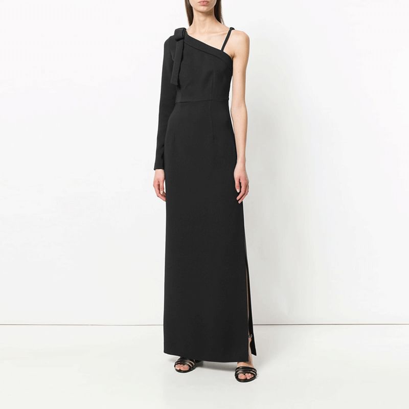 Long-Sleeve One-Shoulder Plain Maxi Sheath Evening Dress